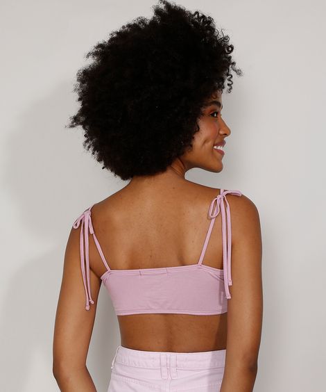 Top Cropped Feminino com Nó Alça Laço Decote V Lilás