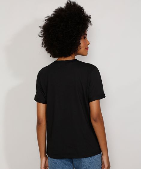 Camiseta Feminina Manga Curta Básica Ampla Decote Redondo Preta