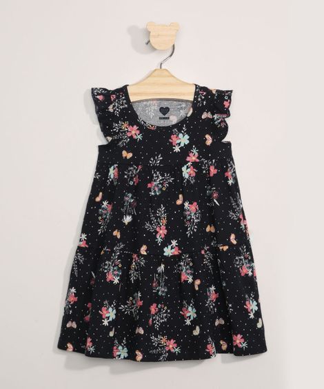 Vestido Infantil Manga Curta Estampado Floral Azul Marinho