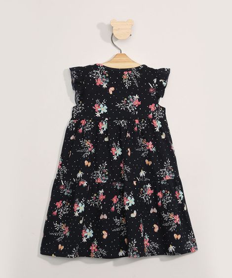 Vestido Infantil Manga Curta Estampado Floral Azul Marinho