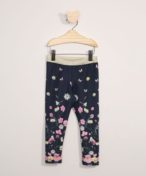 Calça Legging Infantil Estampada Floral Azul Marinho