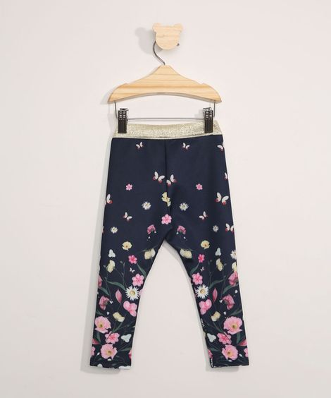 Calça Legging Infantil Estampada Floral Azul Marinho