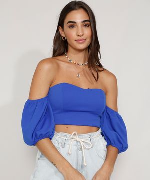Blusa Feminina Manga Bufante Cropped Corset Ombro a Ombro Decote Princesa Azul Royal