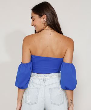 Blusa Feminina Manga Bufante Cropped Corset Ombro a Ombro Decote Princesa Azul Royal