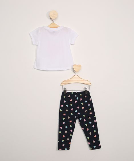 Conjunto Infantil de Blusa Manga Curta Corações Off White + Calça Legging Estampada Corações Azul Marinho