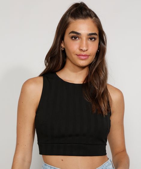 Top Cropped Feminino com Vazado Sem Manga Decote Redondo Preto