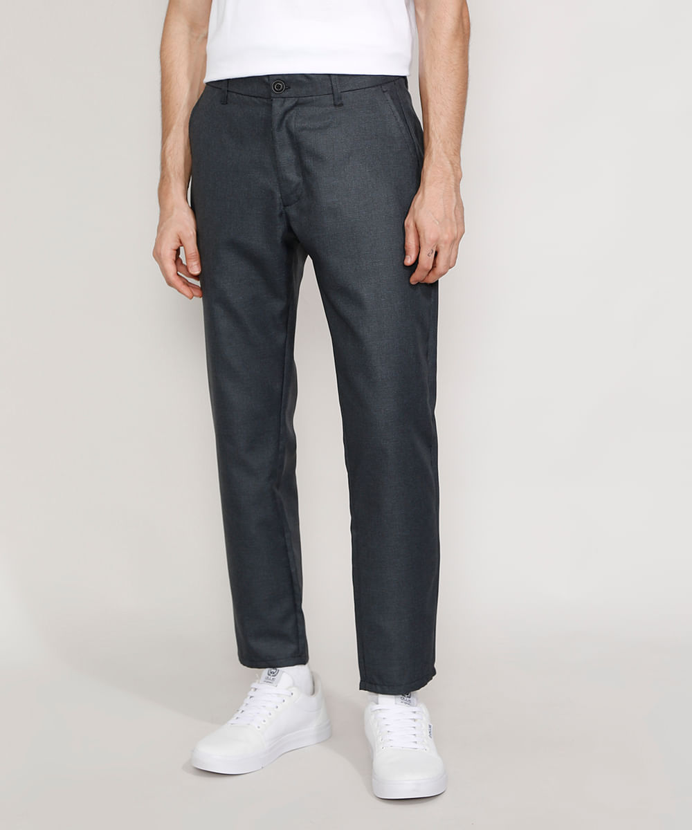 Calça Masculina Alfaiataria Slim Cropped Estampada Xadrez Preta Menor preço em Calça Masculina Alfaiataria Slim Cropped Estampada Xadrez Preta
