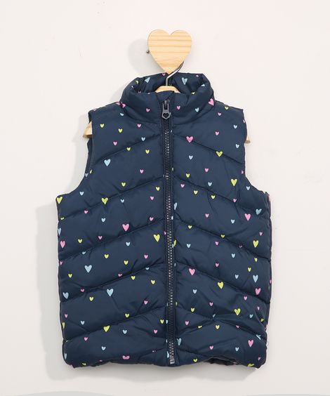 colete puffer de nylon infantil corações azul marinho