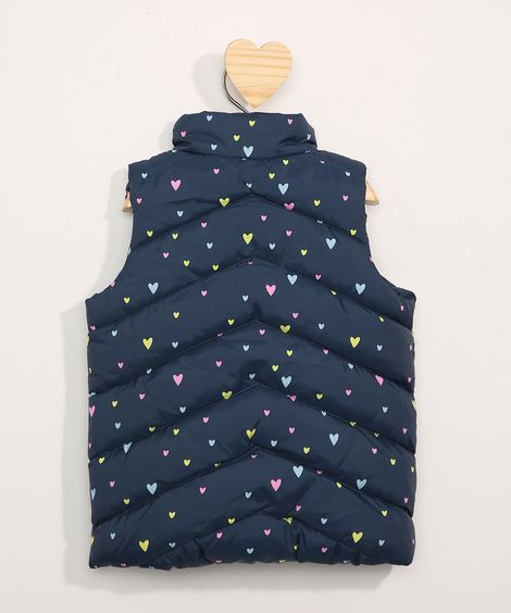 colete puffer de nylon infantil corações azul marinho