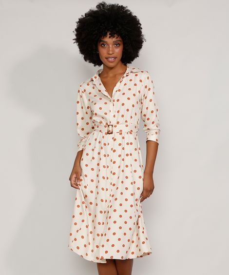 Vestido Chemise Feminino Midi Estampado de Poá com Cinto Manga 3/4 Off White