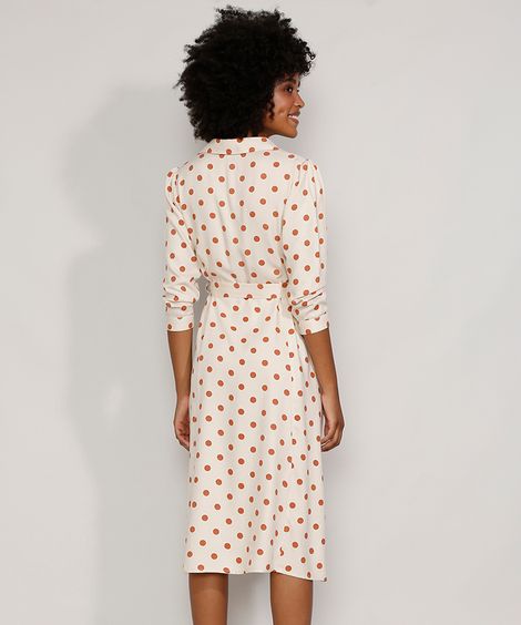 Vestido Chemise Feminino Midi Estampado de Poá com Cinto Manga 3/4 Off White
