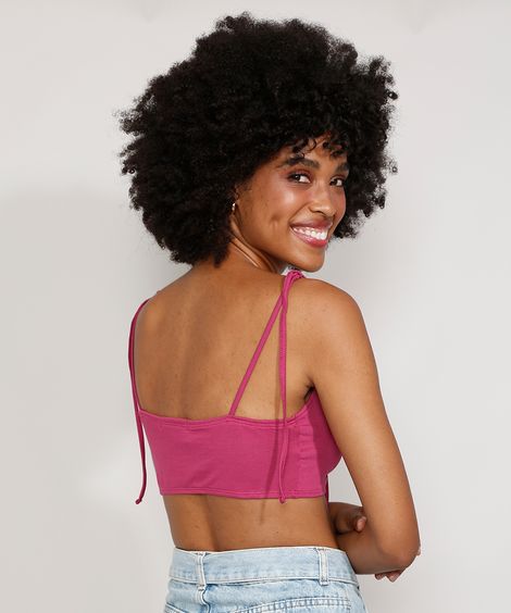 Top Cropped Feminino com Nó Alça Laço Decote V Roxo