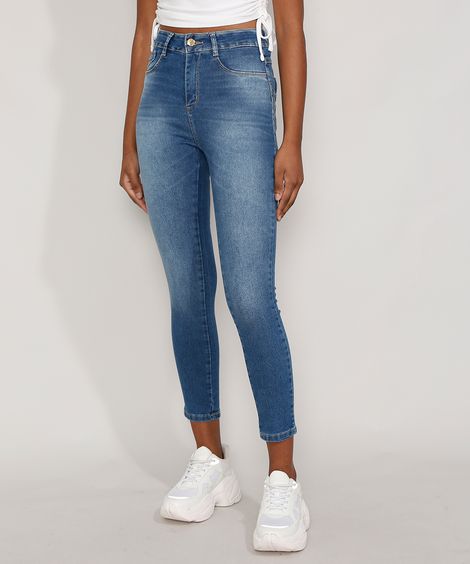 Calça Jeans Feminina Cintura Alta Sawary Cigarrete Azul Médio