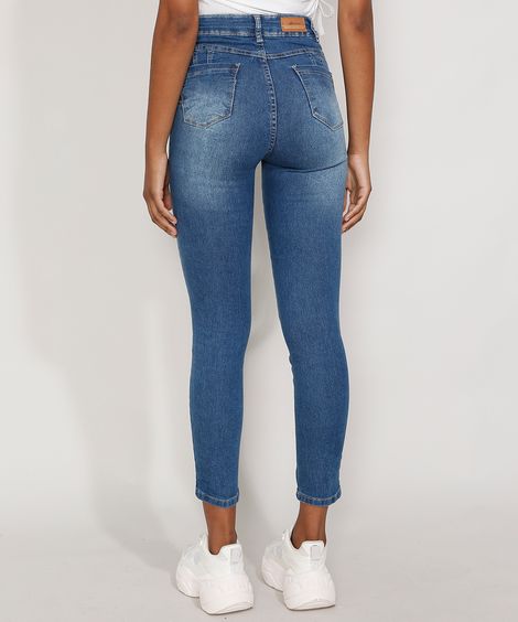 Calça Jeans Feminina Cintura Alta Sawary Cigarrete Azul Médio