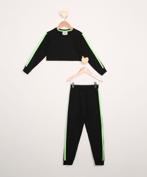 Conjunto de Moletom Infantil de Blusa Manga Longa Cropped Preta + Calça Jogger Preto