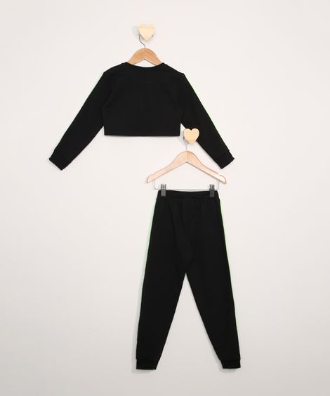 Conjunto de Moletom Infantil de Blusa Manga Longa Cropped Preta + Calça Jogger Preto