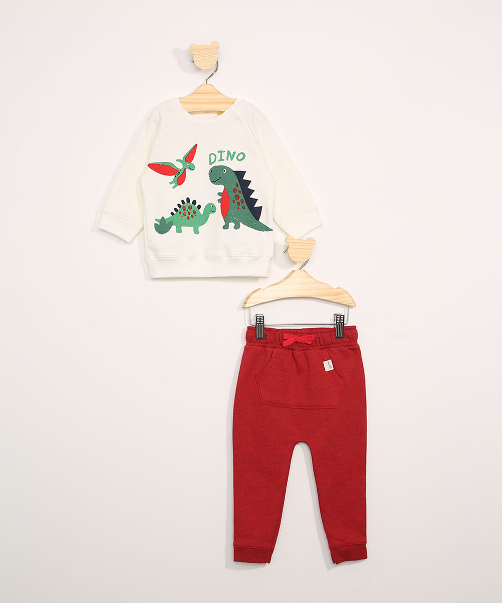 Conjunto Infantil de Blusa de Moletom Dinossauro Off White + Calça de Moletom com Bolsos Vermelho Menor preço em Conjunto Infantil de Blusa de Moletom Dinossauro Off White + Calça de Moletom com Bolsos Vermelho