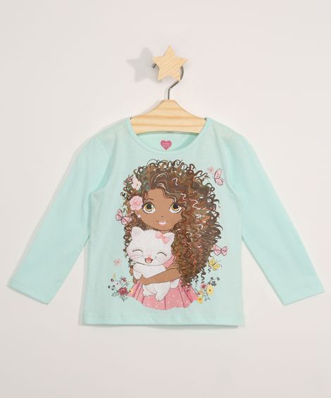 Blusa Infantil Manga Longa Menina e Gatinho Verde Água