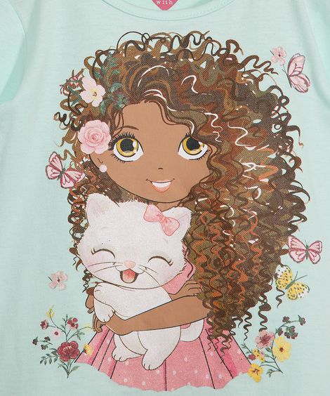 Blusa Infantil Manga Longa Menina e Gatinho Verde Água