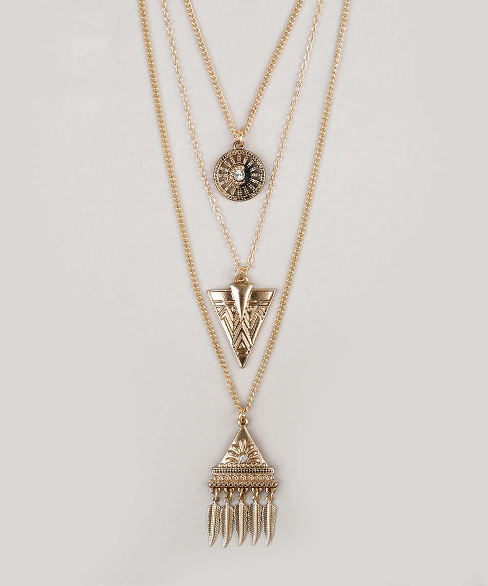 Colar Triplo com Pingentes Dourado