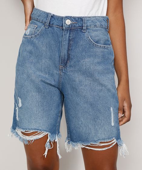 Bermuda Jeans Feminina Cintura Alta Destroyed Azul Médio