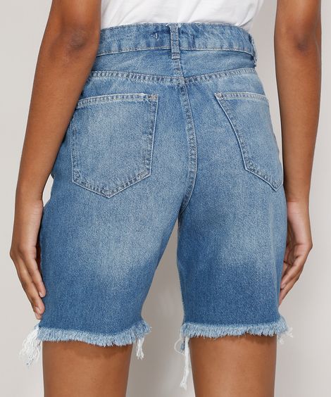 Bermuda Jeans Feminina Cintura Alta Destroyed Azul Médio