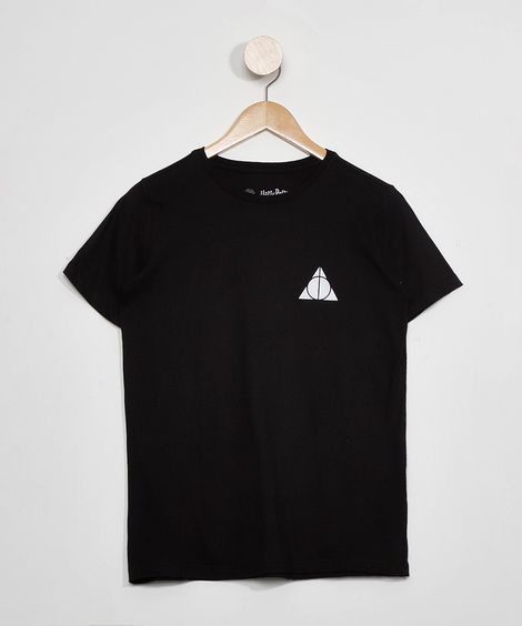 Camiseta Juvenil Manga Curta Harry Potter Relíquias da Morte Preta