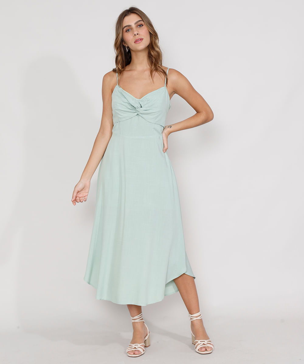 Vestido Feminino Midi com Torcido Alça Fina Verde Claro Menor preço em Vestido Feminino Midi com Torcido Alça Fina Verde Claro