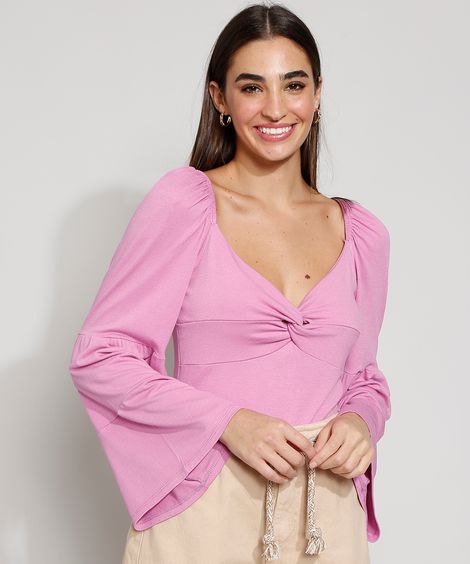 Blusa Feminina Manga Sino Decote V Lilás