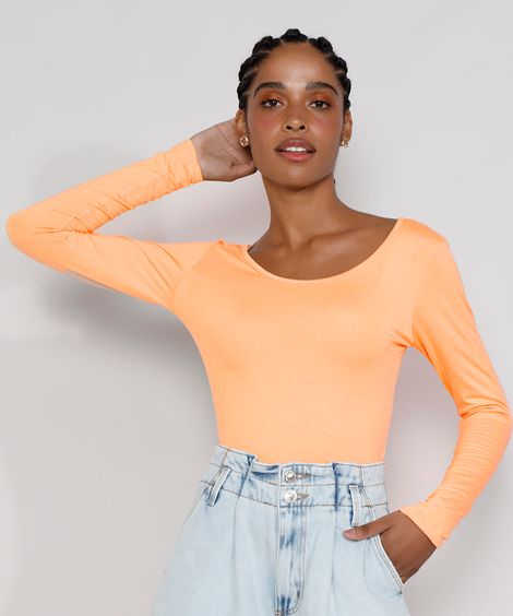 blusa básica de viscose manga longa cinza escuro - salmão