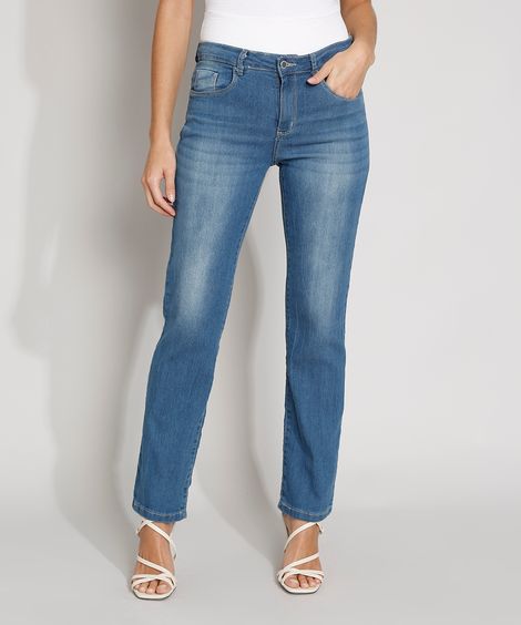Calça Jeans Feminina Reta Cintura Alta Azul Médio