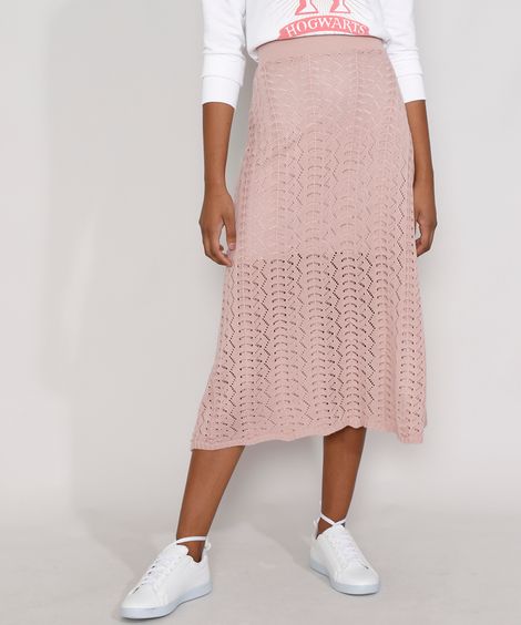 Saia de Tricô Feminina Midi Rosê