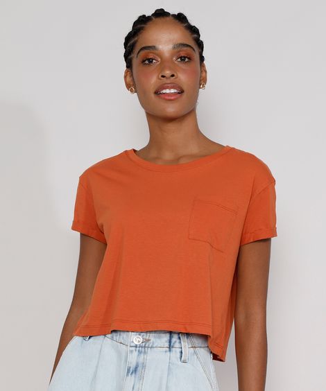 Camiseta Feminina Básica Manga Curta Cropped com Bolso Decote Redondo Cobre