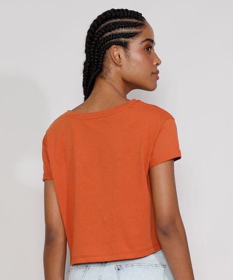 Camiseta Feminina Básica Manga Curta Cropped com Bolso Decote Redondo Cobre