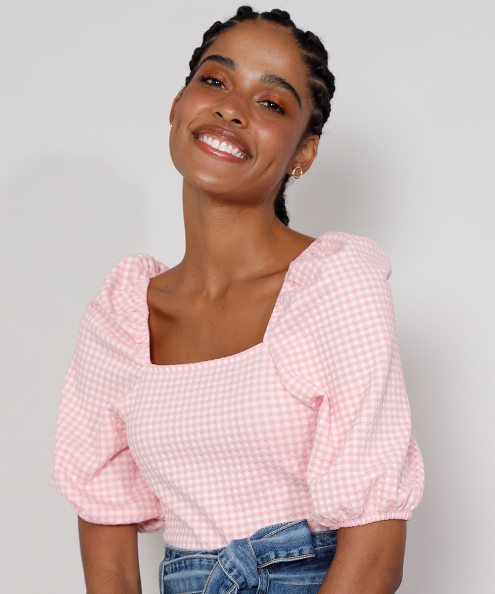 blusa vichy manga bufante