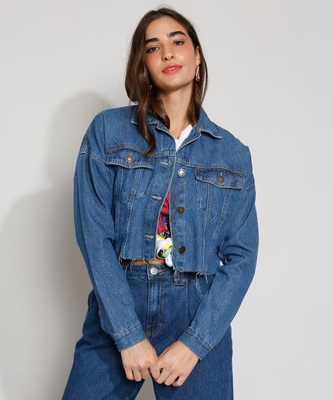 Jaqueta Jeans Feminina Cropped Barra com Elástico Azul Escuro