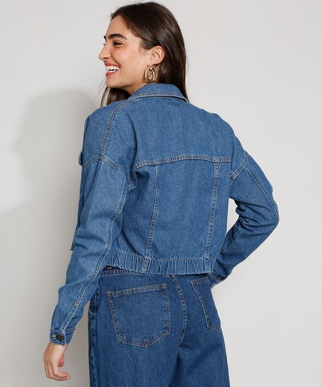 Jaqueta Jeans Feminina Cropped Barra com Elástico Azul Escuro