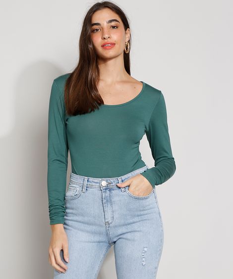 blusa básica de viscose manga longa cinza escuro - militar