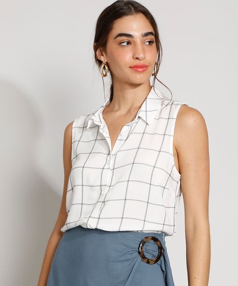 Camisa Feminina Estampada Quadriculada com Nó Sem Manga Off White