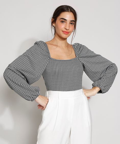 Blusa Feminina Manga Bufante Estampada Pied de Poule Decote Reto Preta