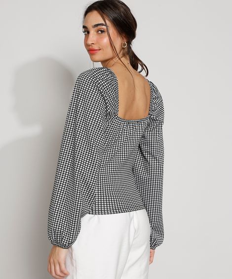 Blusa Feminina Manga Bufante Estampada Pied de Poule Decote Reto Preta