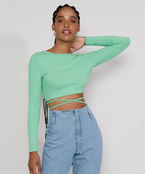 Blusa Feminina Manga Longa Cropped Canelada com Vazado e Amarração Decote Redondo Verde Claro
