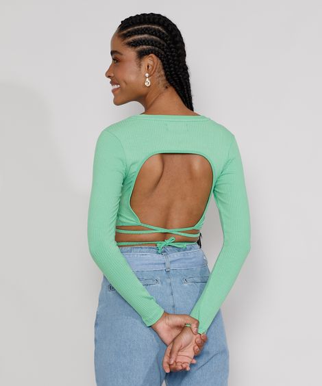 Blusa Feminina Manga Longa Cropped Canelada com Vazado e Amarração Decote Redondo Verde Claro