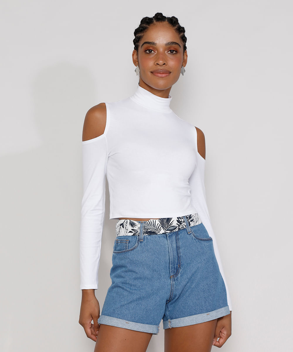 cropped branco gola alta manga longa