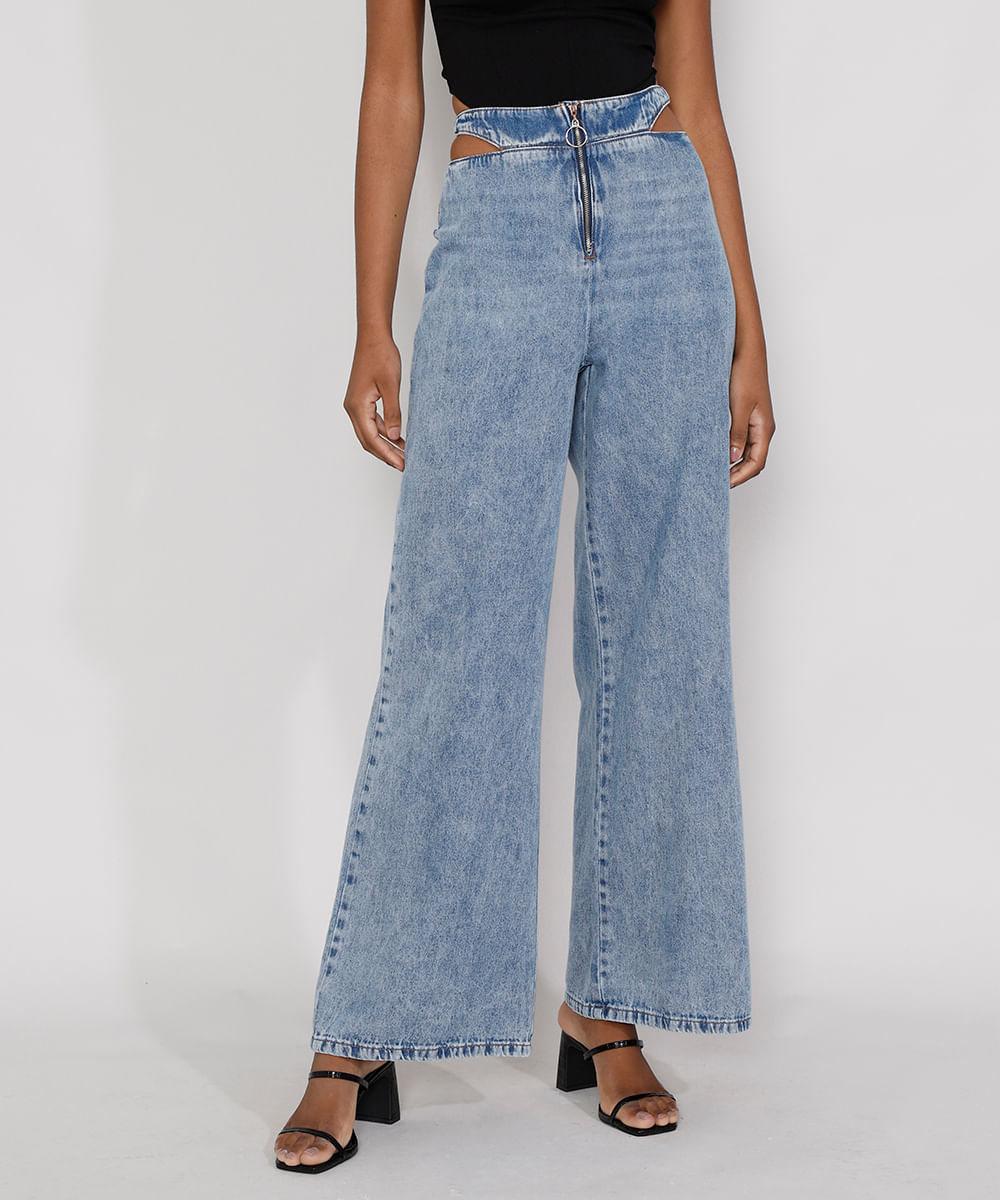 Calça Jeans Feminina Pantalona Wide Cintura Super Alta Marmorizada com Vazado e Zíper de Argola Azul Claro é boa?