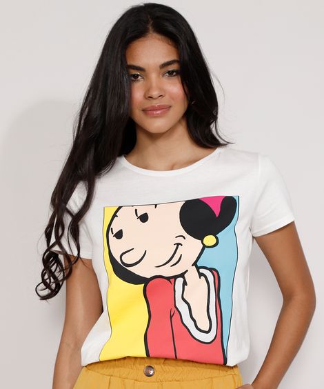 Camiseta Feminina Manga Curta Olívia Palito Decote Redondo Off White