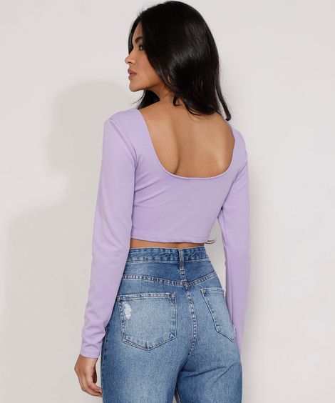 Blusa Feminina Manga Longa Cropped com Lace Up Decote Redondo Lilás
