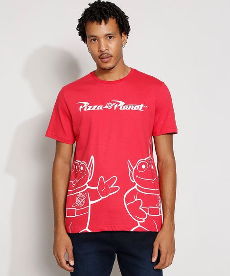 Camiseta Masculina Manga Curta Pizza Planet Toy Story Gola Careca Vermelha
