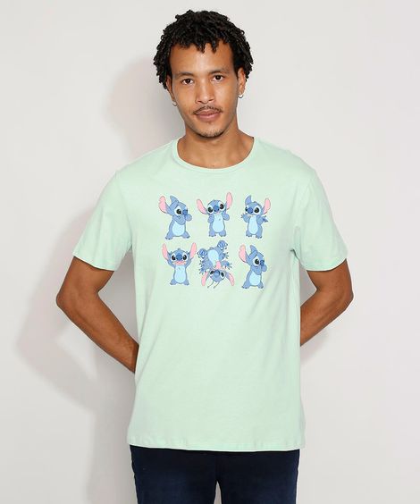 Camiseta Masculina Manga Curta Stitch Gola Careca Verde Claro