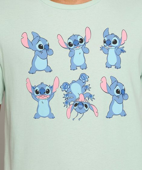 Camiseta Masculina Manga Curta Stitch Gola Careca Verde Claro